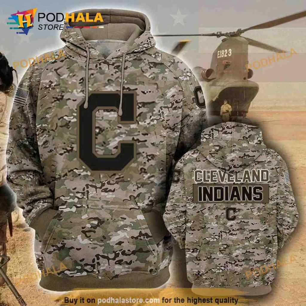 Military Camouflage Cleveland Indians 3d Hoodie With Bold Team Design