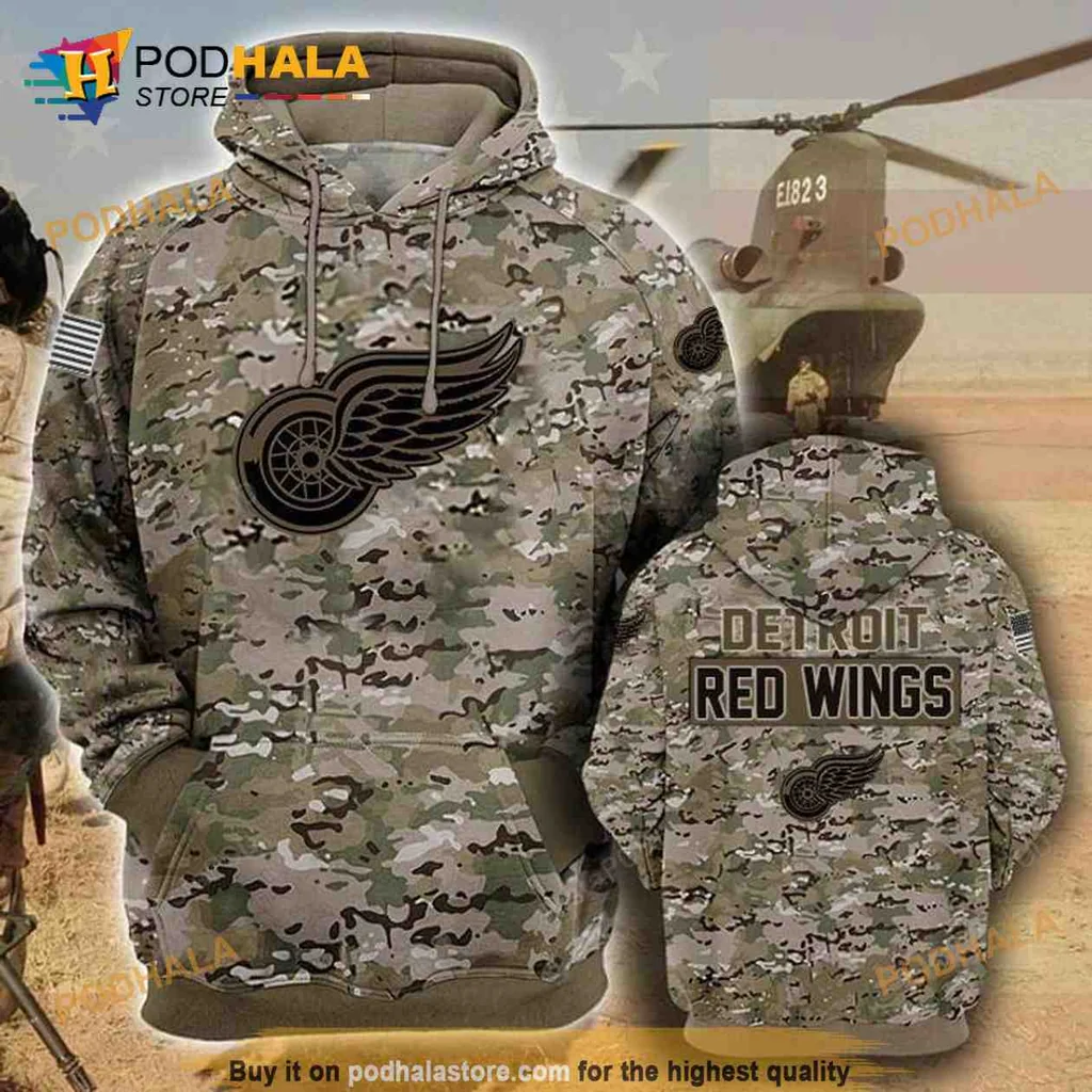 Military Camouflage Detroit Red Wings 3d Hoodie With Bold Logo Design