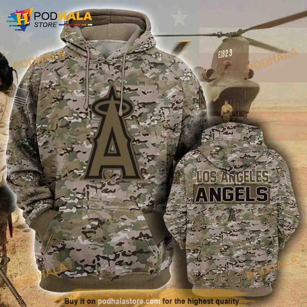 Military Camouflage Los Angeles Angels 3d Hoodie With Bold Logo
