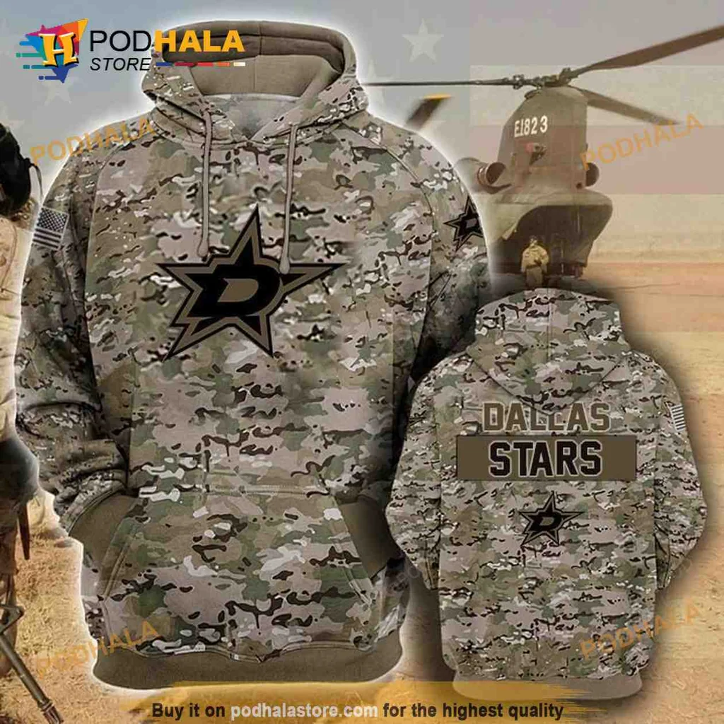 Military Dallas Stars Camouflage 3d Hoodie With Bold Logo Design