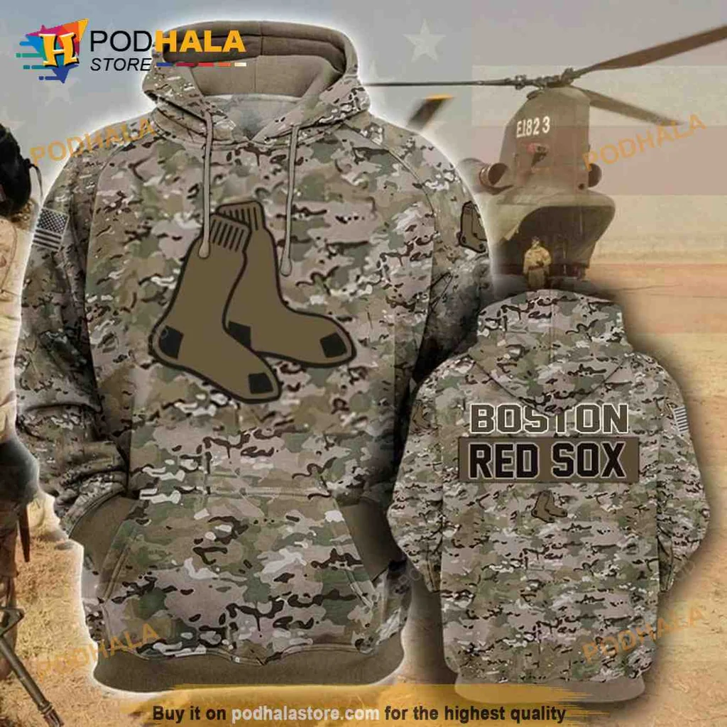 Military Inspired Boston Red Sox 3d Hoodie Featuring Camouflage Design And Boots