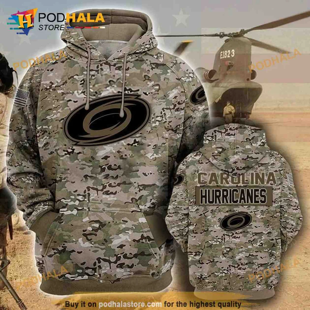 Military Inspired Carolina Hurricanes 3d Hoodie With Camouflage Design