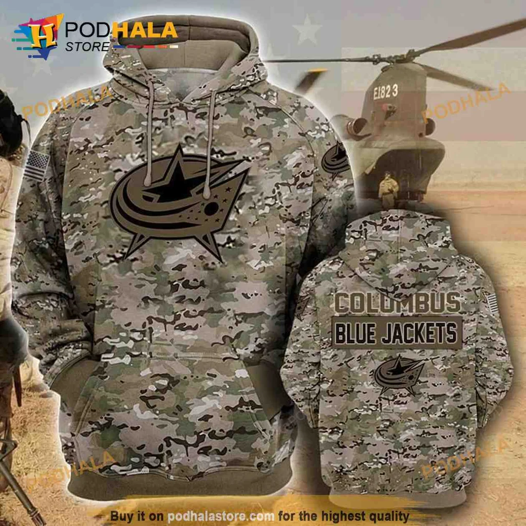 Military Inspired Columbus Blue Jackets 3d Hoodie With Camouflage Design