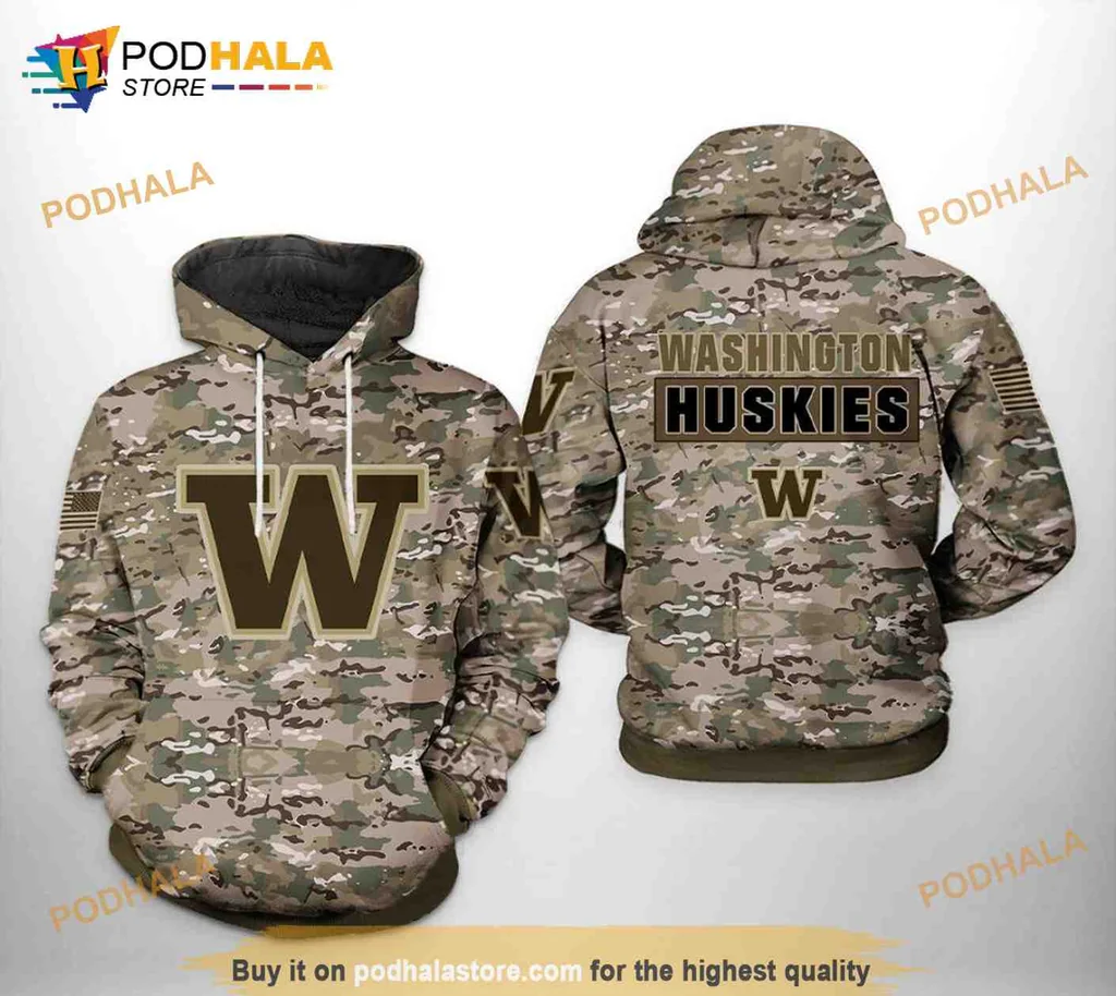 Military Inspired Washington Huskies 3d Hoodie With Camouflage Design