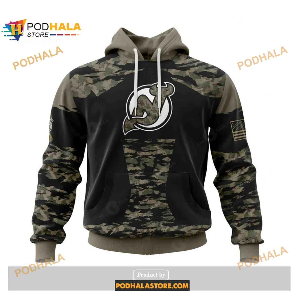 Military New Jersey Devils 3d Hoodie With Camouflage Pattern And American Flag