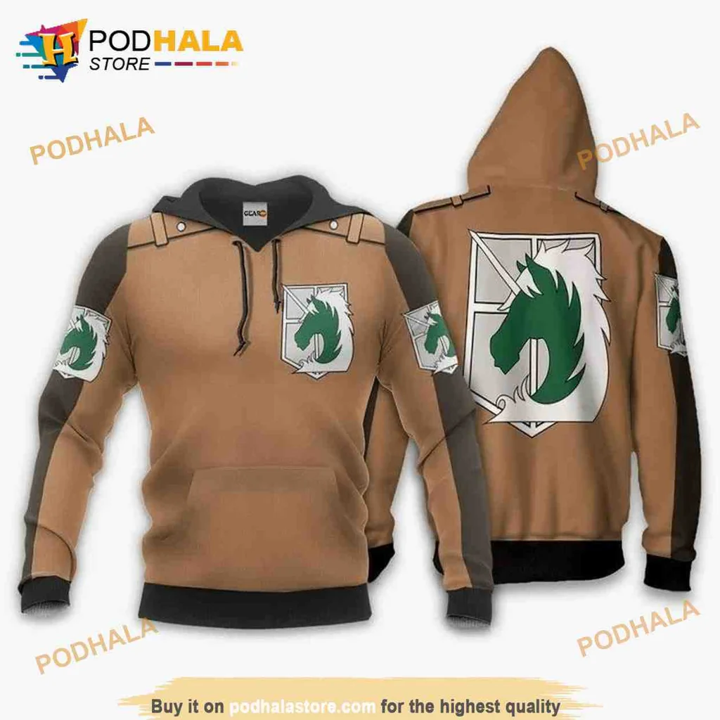 Military Style Attack On Titan 3d Hoodie With Green Horse Emblem Design