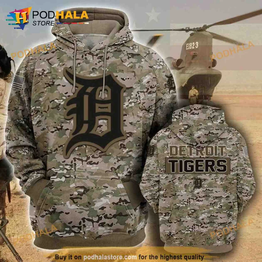 Military Style Detroit Tigers 3d Hoodie With Bold D Emblem