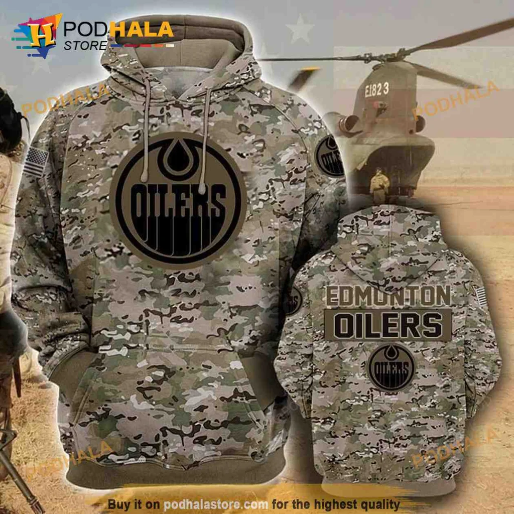 Military Style Edmonton Oilers 3d Hoodie Featuring Camouflage Design
