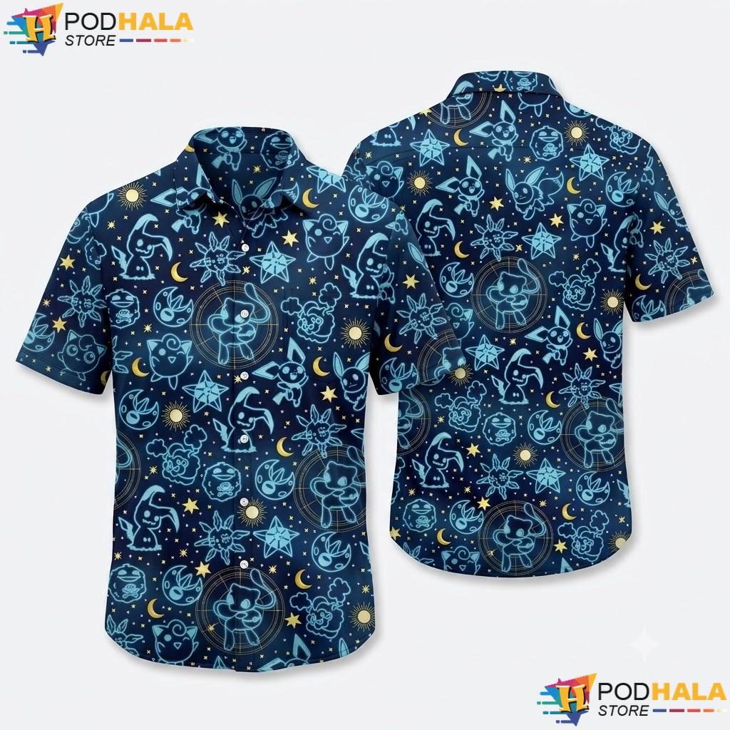 Mimikyu Eevee Button Up Shirt Cute Night Sky Summer Beach Outfit Top