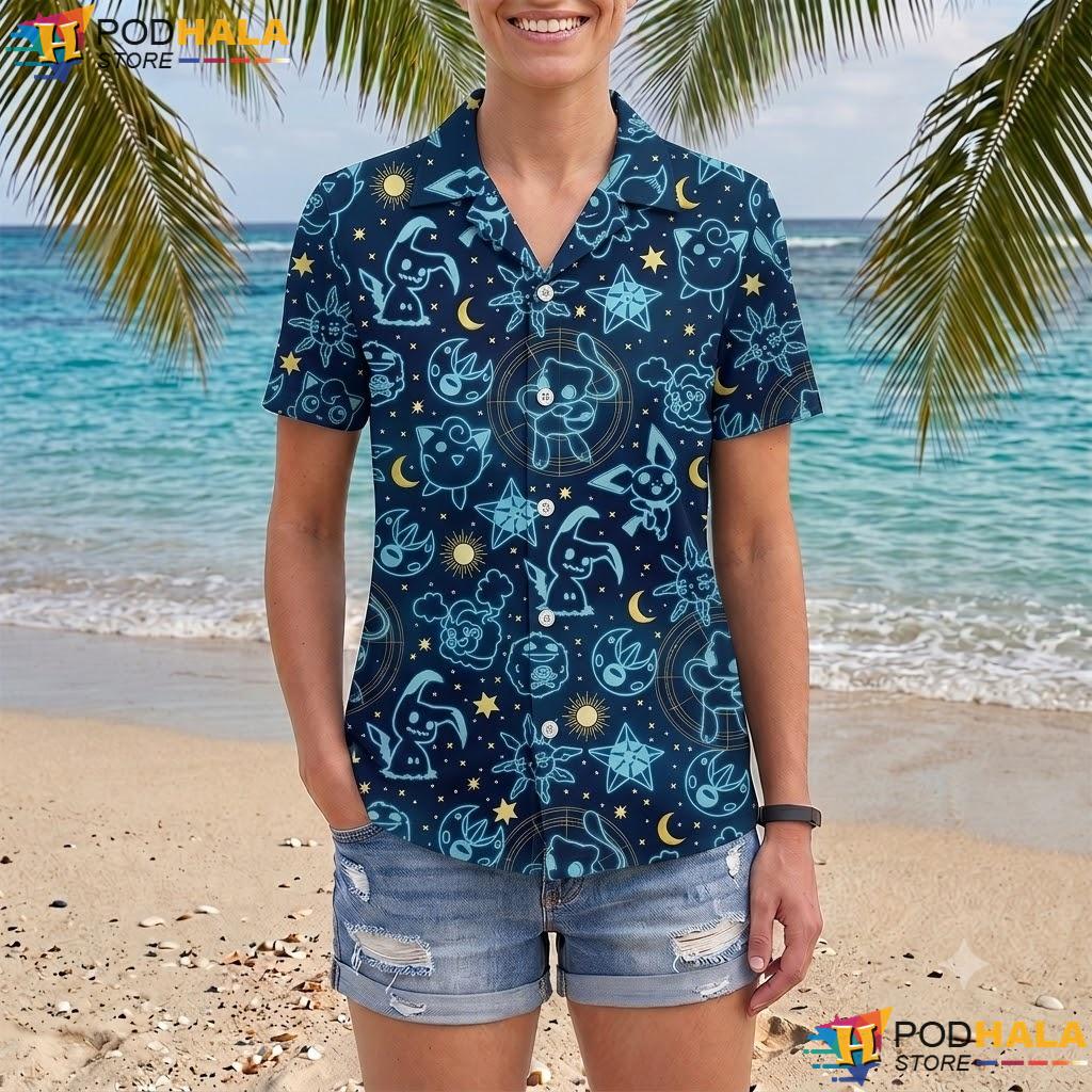 Mimikyu Eevee Button Up T-Shirt Cute Night Sky Summer Beach Outfit Top Mimikyu Eevee Button Up T-Shirt Cute Night Sky Summer Beach Outfit Top