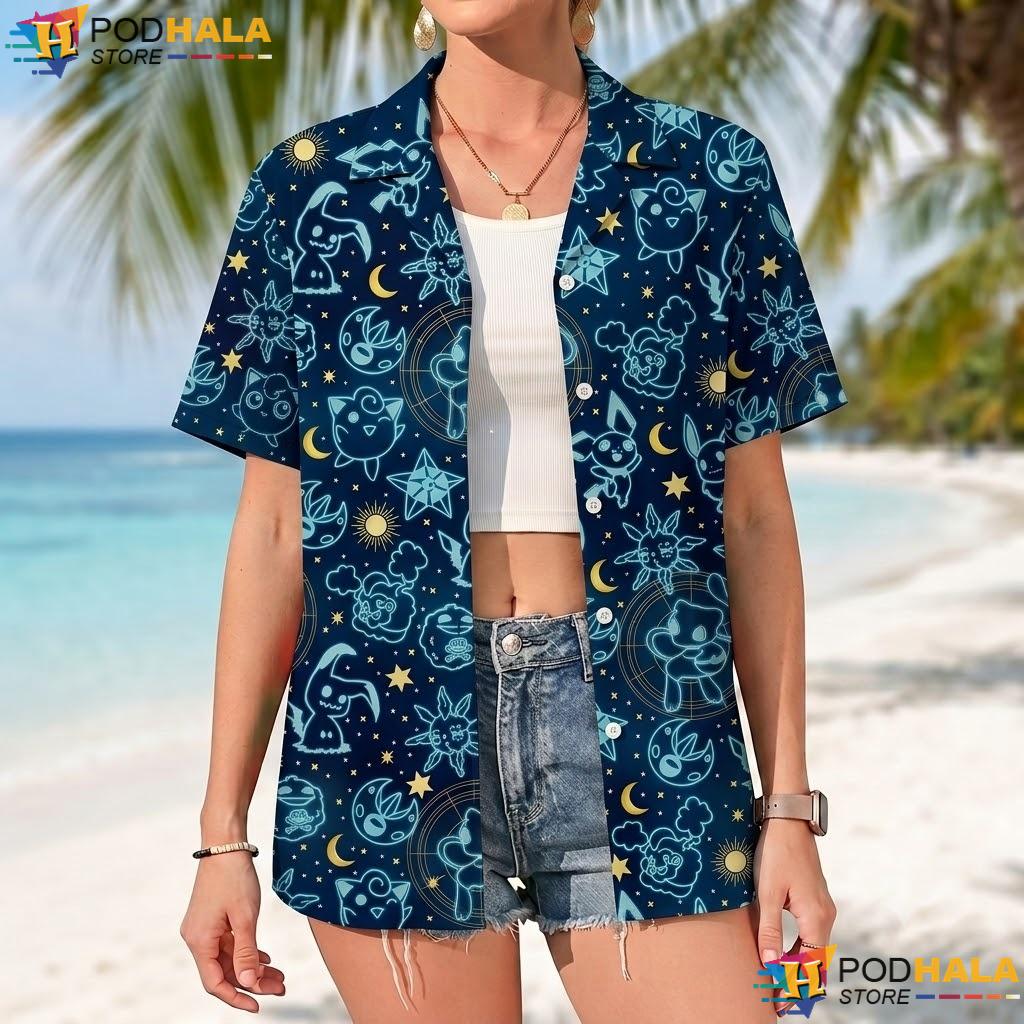 Mimikyu Eevee Button Up Tshirt Cute Night Sky Summer Beach Outfit Top Mimikyu Eevee Button Up Tshirt Cute Night Sky Summer Beach Outfit Top