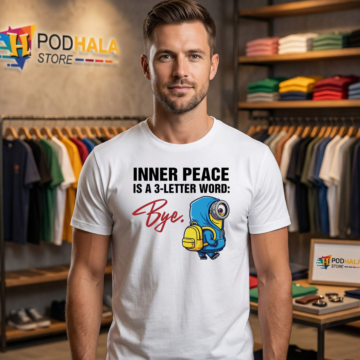 Minion Inner Peace Is A 3 Letter Tee Word Bye Funny Cartoon Graphic For Men Minion Inner Peace Is A 3 Letter Tee Word Bye Funny Cartoon Graphic For Men