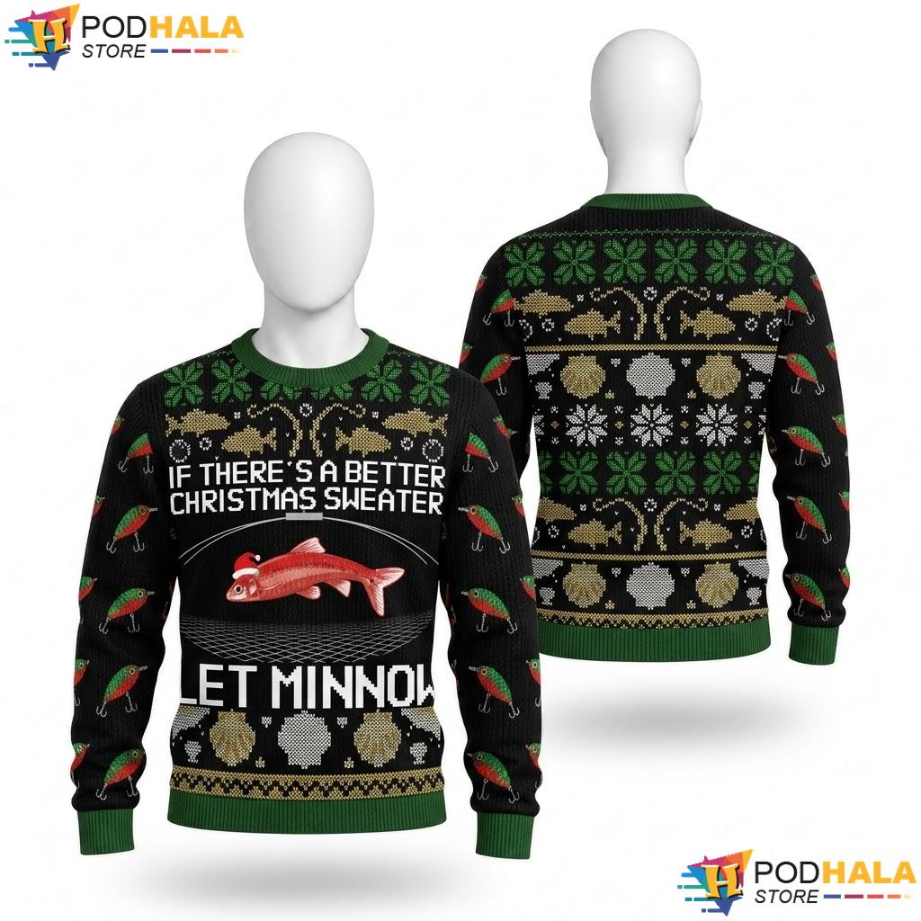Minnow Bait Fish Trap Christmas Sweater Funny Angler Fishing Top