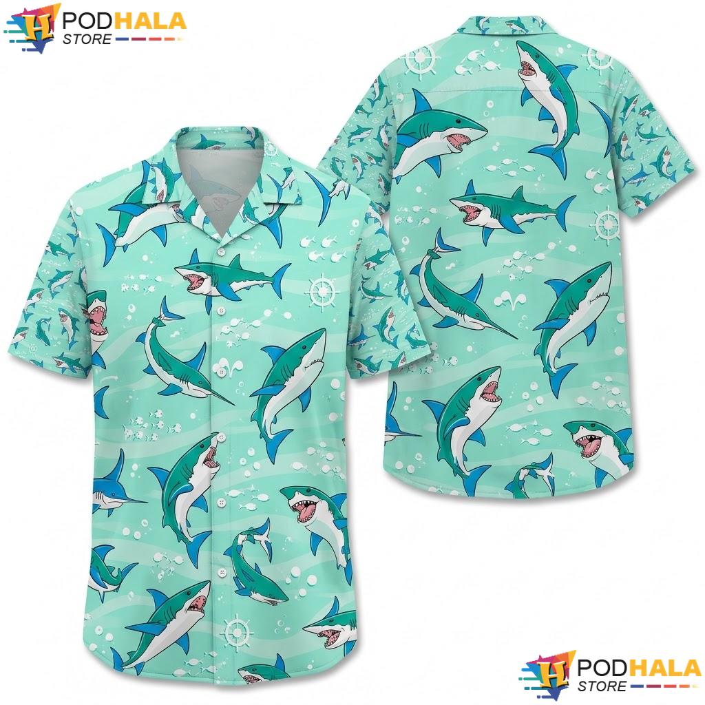 Mint Green Shark Aloha Shirt Vibrant Nautical Graphic Ocean Lover Top