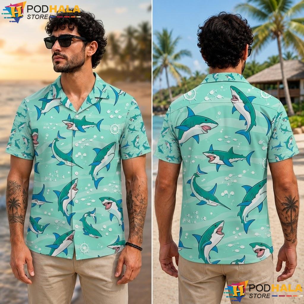 Mint Green Shark Tropical Shirt Vibrant Nautical Graphic Ocean Lover Top Mint Green Shark Tropical Shirt Vibrant Nautical Graphic Ocean Lover Top