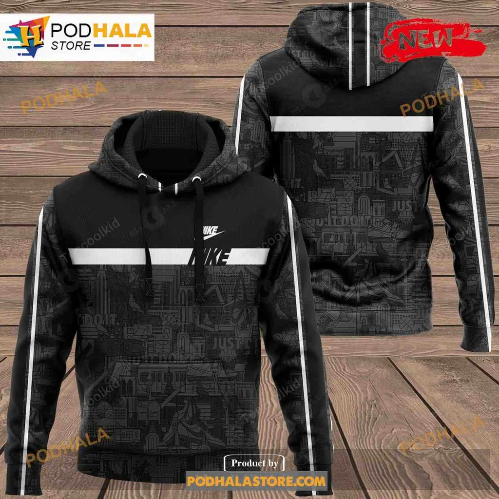 Modern Gray Nike 3d Hoodie With Bold Logo And Sporty Stripes