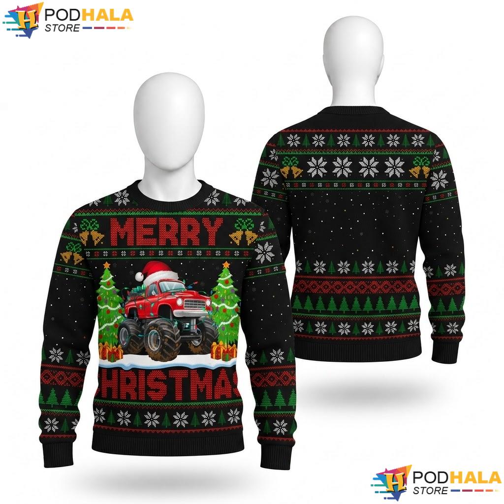 Monster Truck Lights Ugly Christmas Sweater Funny Boys Xmas Outfit