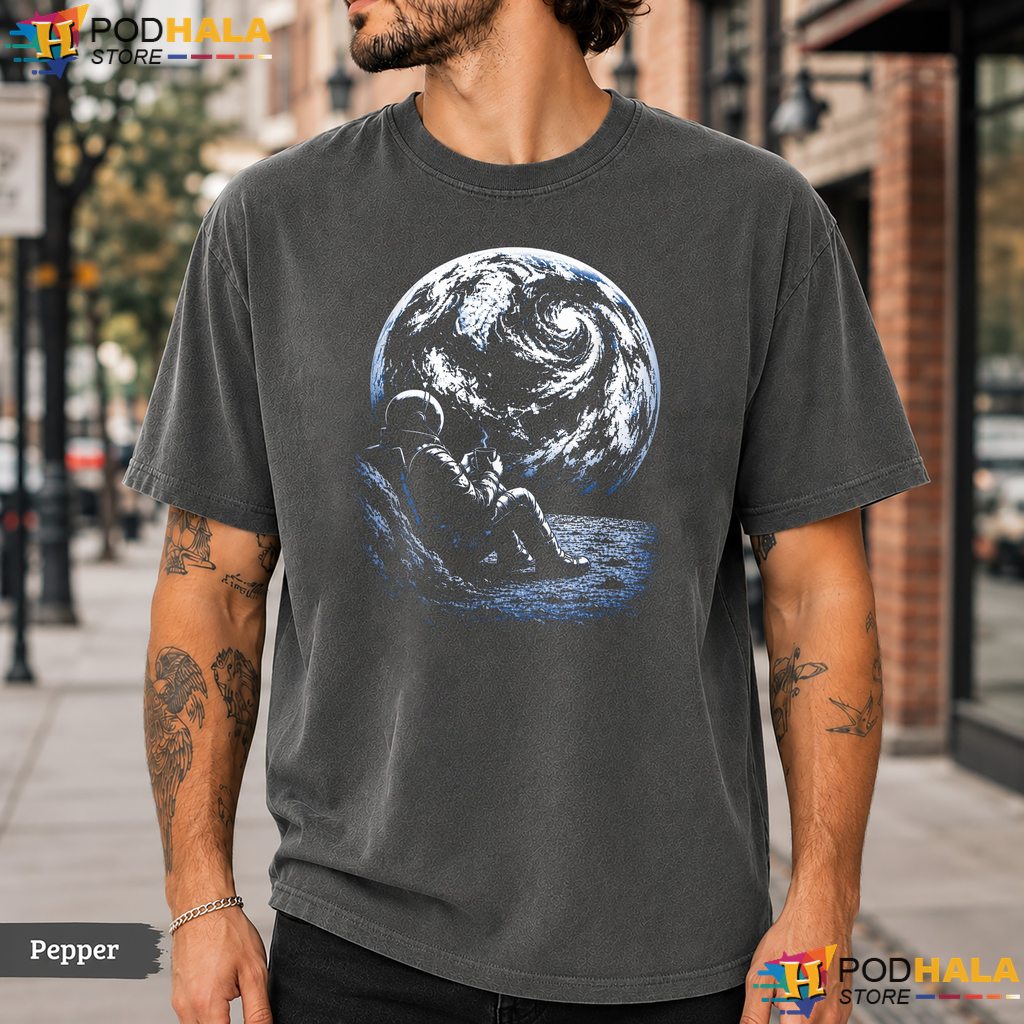 Moon Astronaut Drinking Coffee Comfort Colors T-Shirt Funny Space Humor Top