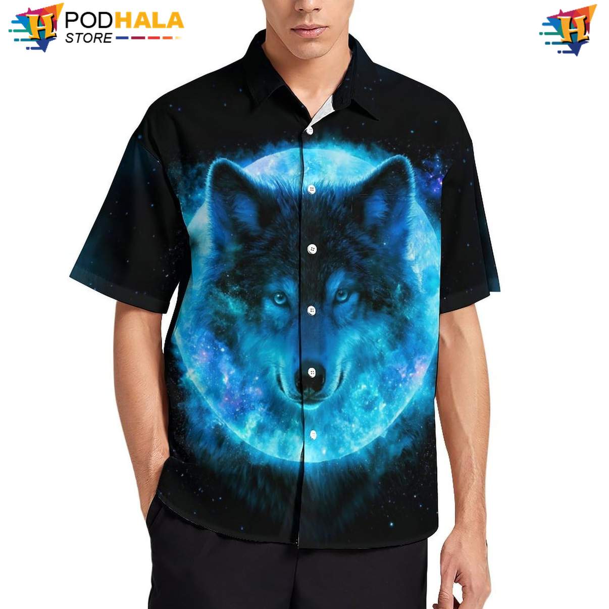 Moon Blue Wolf Hawaiian Shirt Mens Cool Galaxy Print Vacation Camp Outfit