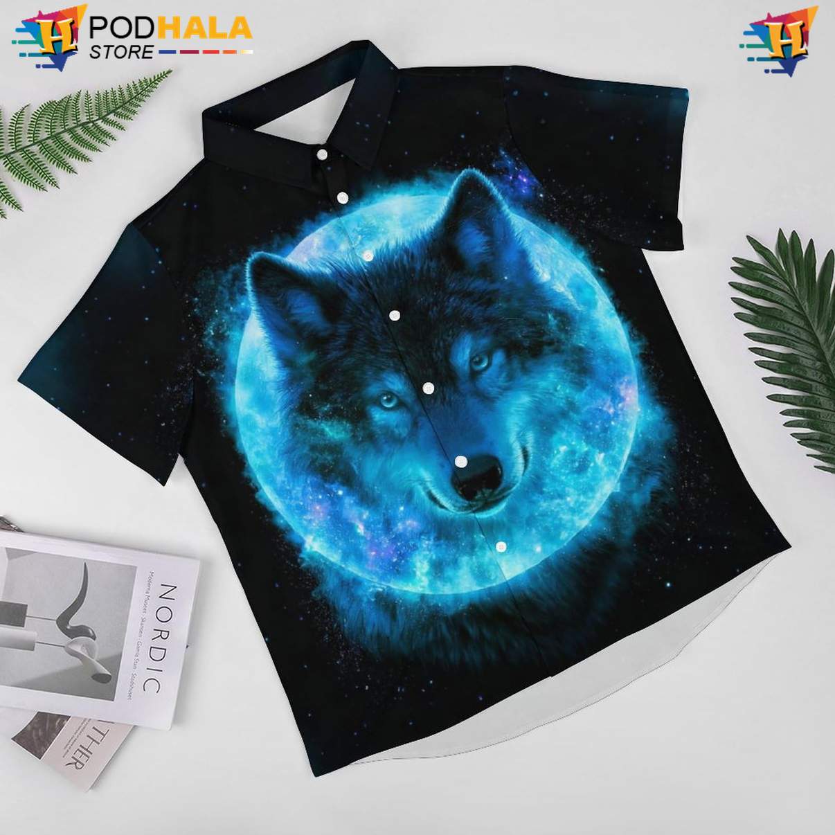 Moon Blue Wolf Aloha Shirt Mens Cool Galaxy Print Vacation Camp Outfit Moon Blue Wolf Aloha Shirt Mens Cool Galaxy Print Vacation Camp Outfit