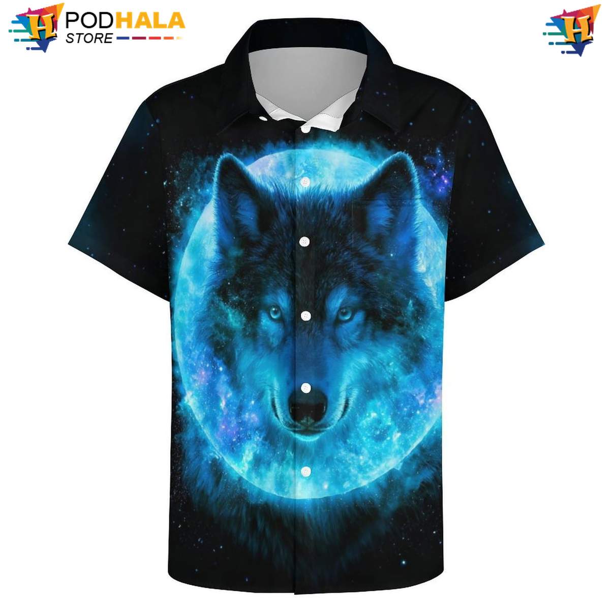Moon Blue Wolf Tropical Shirt Mens Cool Galaxy Print Vacation Camp Outfit Moon Blue Wolf Tropical Shirt Mens Cool Galaxy Print Vacation Camp Outfit