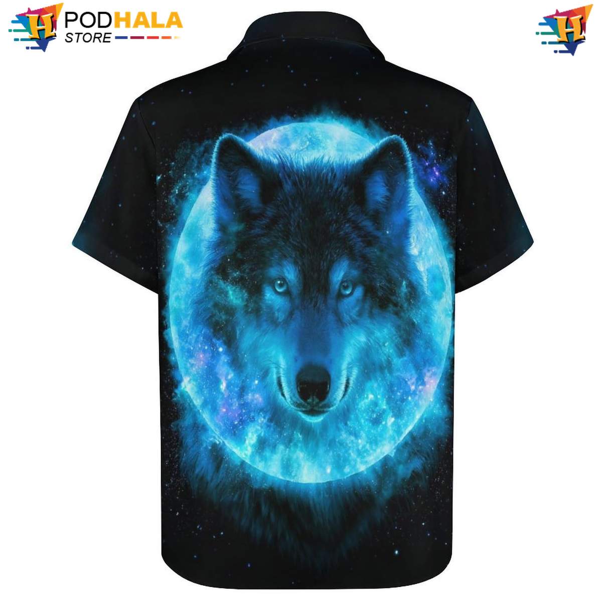 Moon Blue Wolf Short-sleeve button-up shirt Mens Cool Galaxy Print Vacation Camp Outfit Moon Blue Wolf Short-sleeve button-up shirt Mens Cool Galaxy Print Vacation Camp Outfit