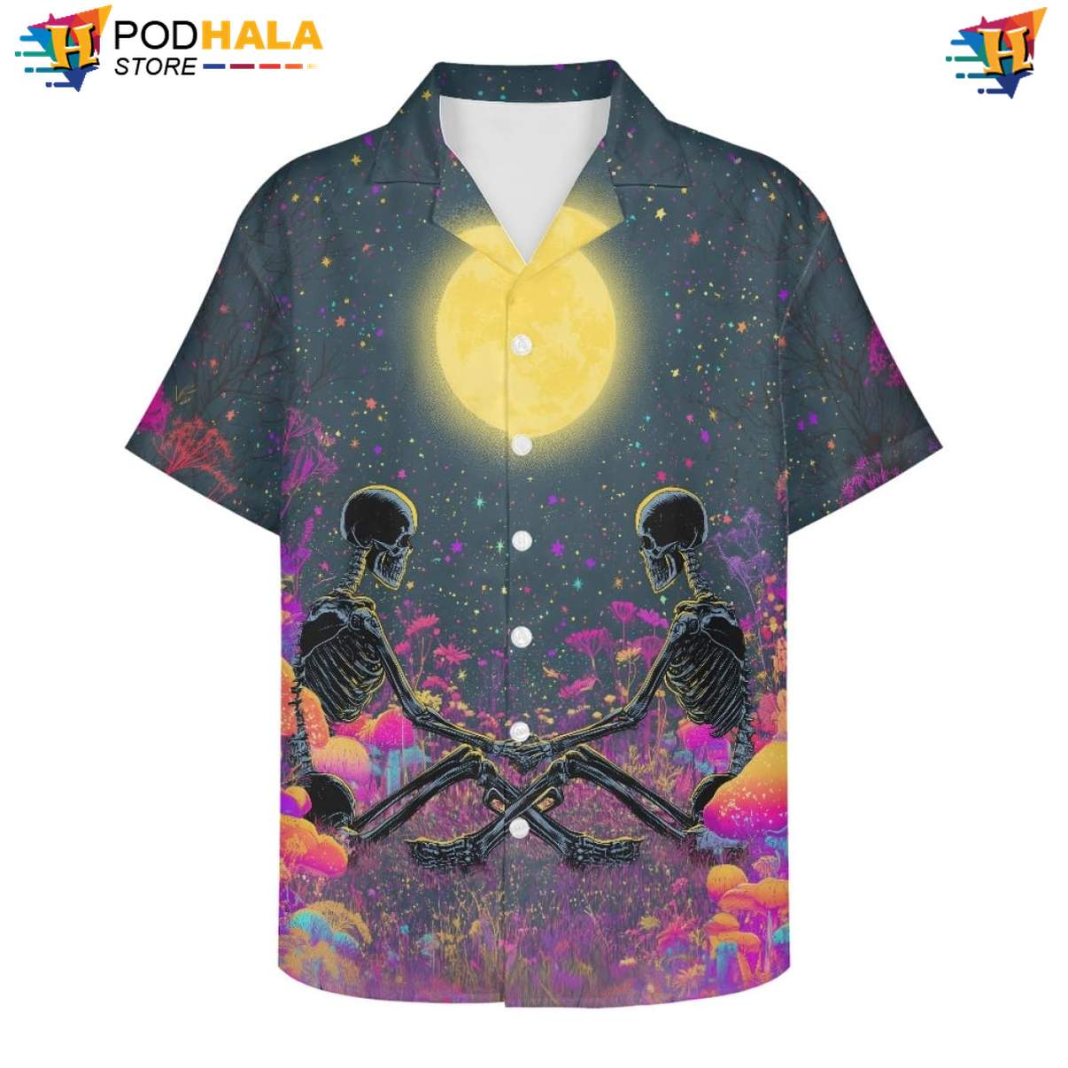Moonlight Skeleton Aloha Shirt Mens Sun Galaxy Moon Print Casual Vacation