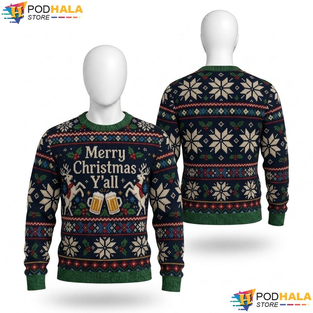 Moose Yall Graphic Ugly Xmas Sweater Festive Merry Holiday Winter Top