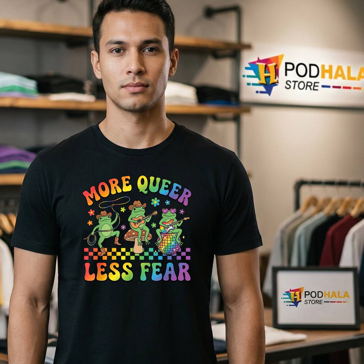 More Queer Less Fear Funny Frog Shirt LGBTQ Pride Month Graphic For Men
