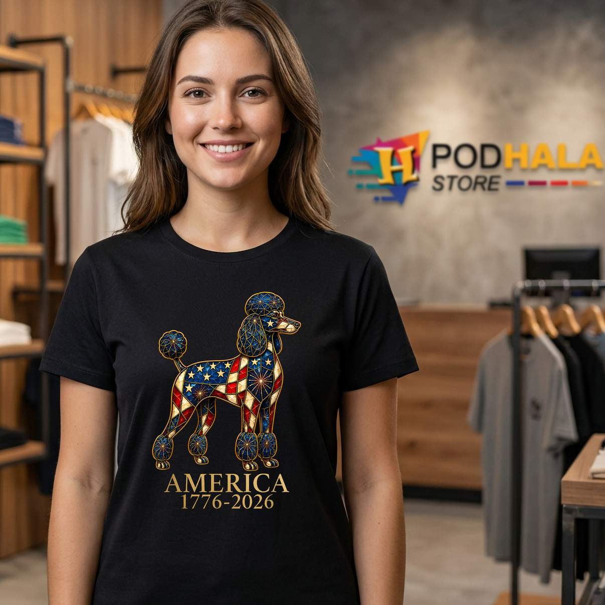 Mosaic America Poodle Dog Lover Shirt 1776 2026 Fourth Of July Top