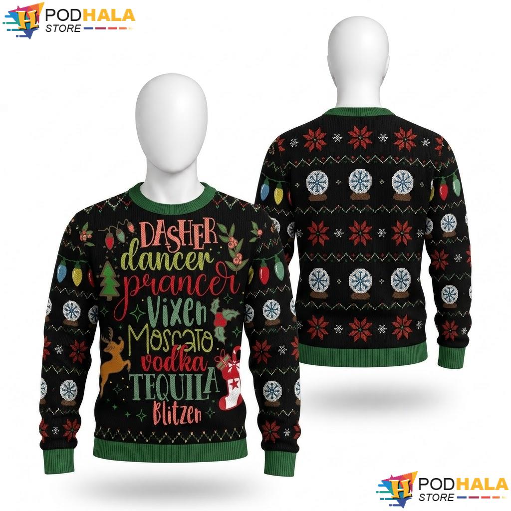 Moscato Vodka Tequila Blitzen Christmas Sweater Dasher Dancer Top