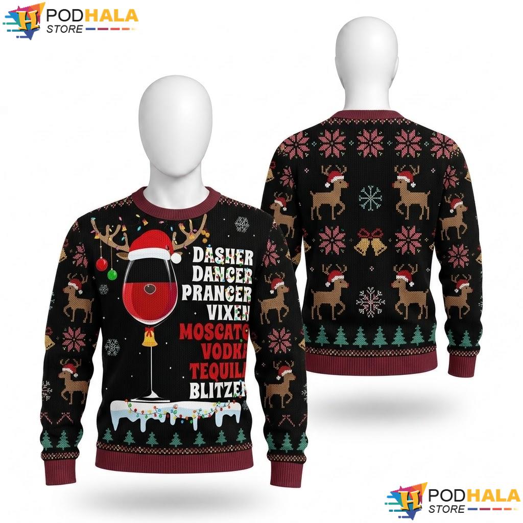 Moscato Vodka Tequila Blitzen Ugly Xmas Sweater Dasher Dancer Funny