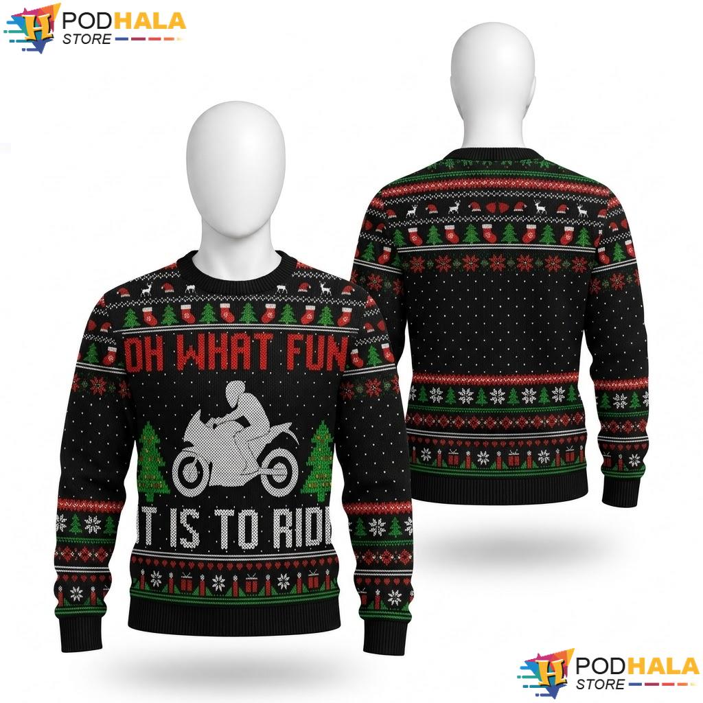 Motorcycle Ride Ugly Christmas Sweater Oh What Fun It Is Holiday Top