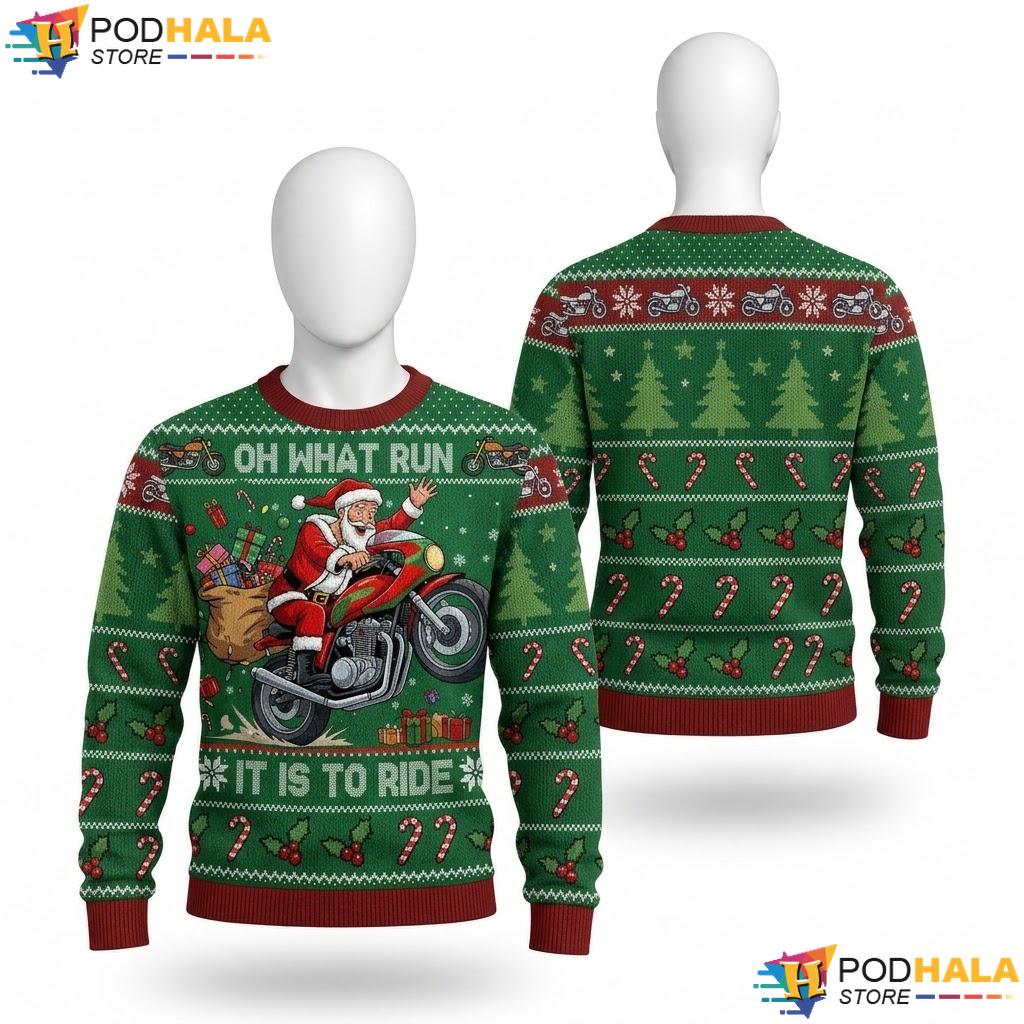 Motorcycle Santa Ugly Christmas Sweater Playful Candy Cane Apparel Top