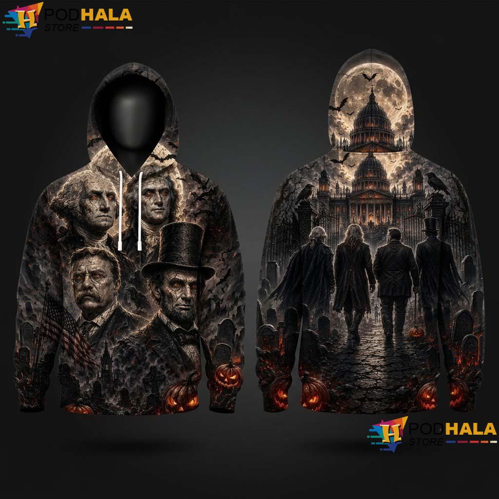 Mount Rushmore Halloween 3D Hoodie Zombie Patriotic Gothic Castle Top