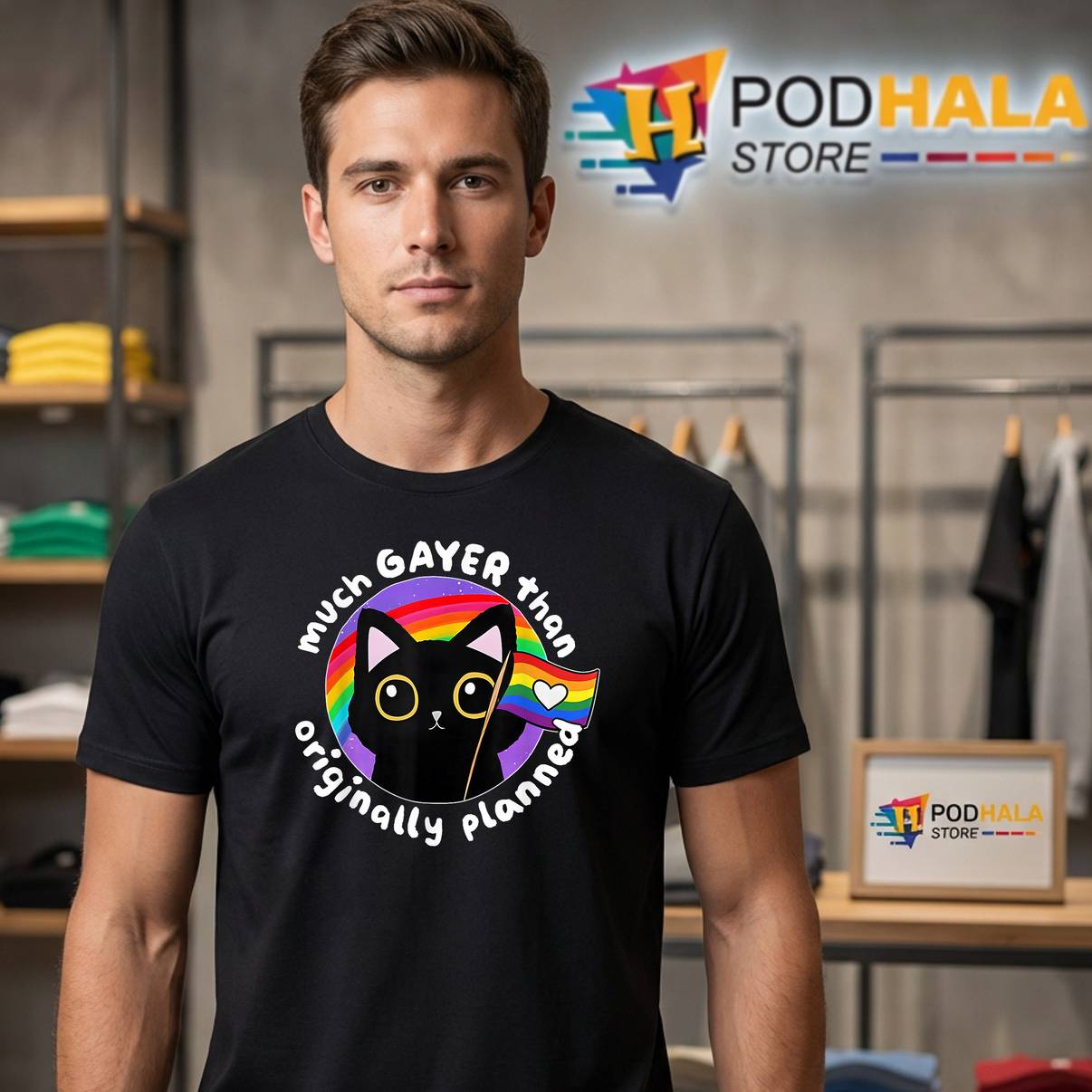 Much Gayer Than Originally Planned Shirt Black Cat LGBTQ Pride Graphic