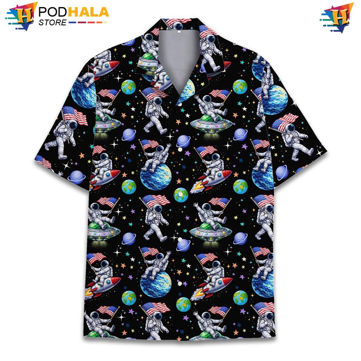 Multicolor Astronaut Aloha Shirt Mens Short Sleeve Casual Beachwear Top