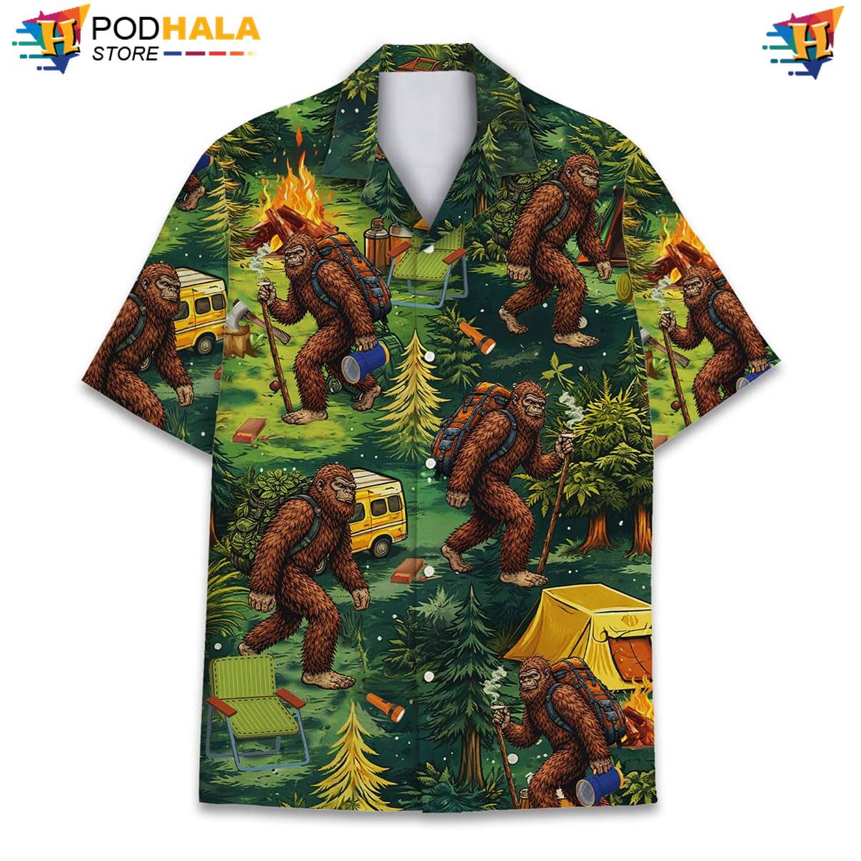 Multicolor Bigfoot Hawaiian Shirt Mens Short Sleeve Casual Beach Outfit
