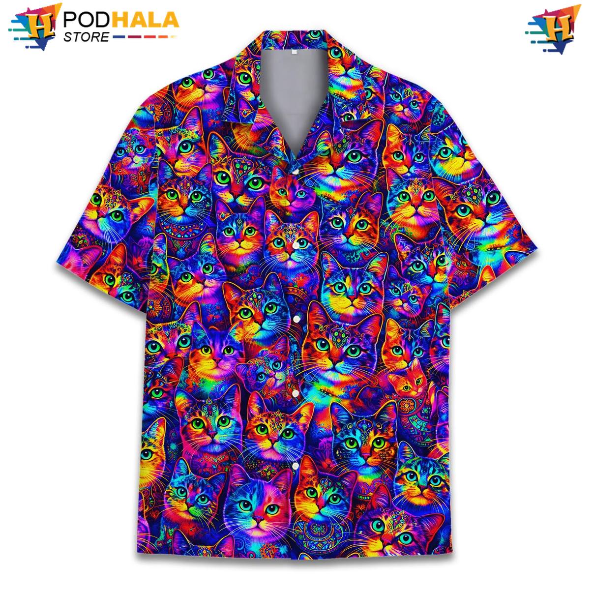 Multicolor Cat Hawaiian Shirt Mens Short Sleeve Button Down Beach Outfit