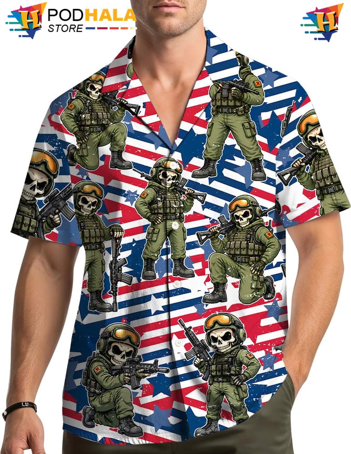Multicolor USA Flag Skull Aloha Shirt Mens Patriotic Fourth Of July Gear