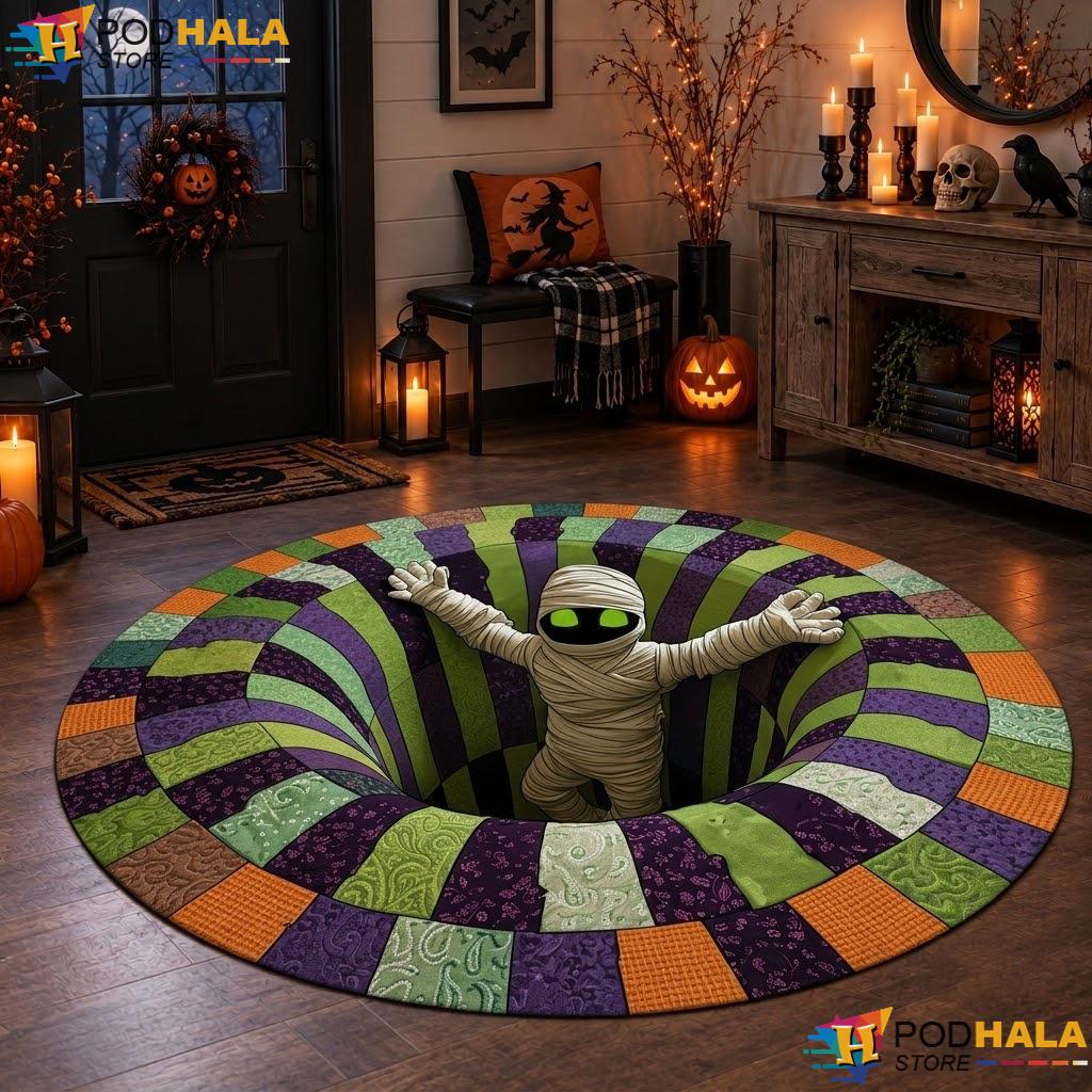Mummy Horror Ghost Halloween Round Area Rug 3D Creepy Haunted Illusion