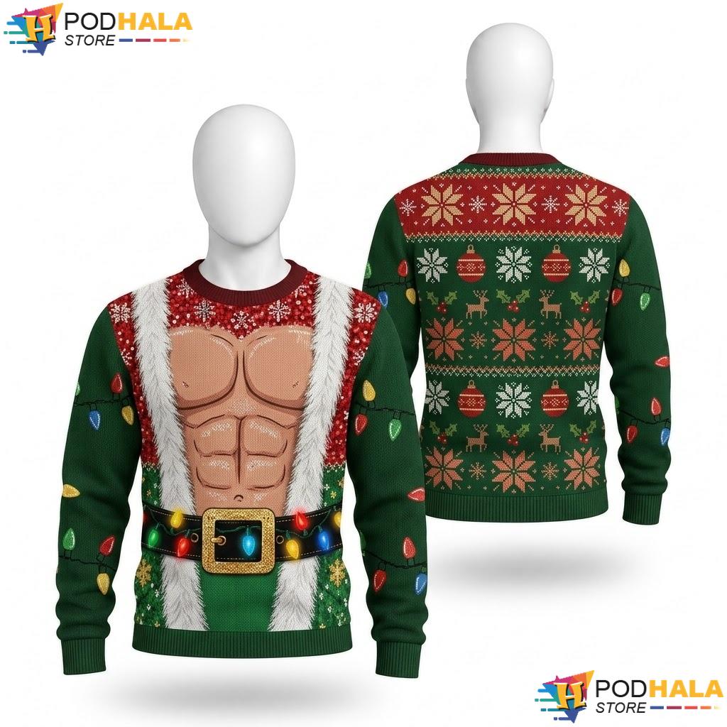 Muscle Chest Santa Belt Ugly Christmas Sweater Humorous Festive Xmas