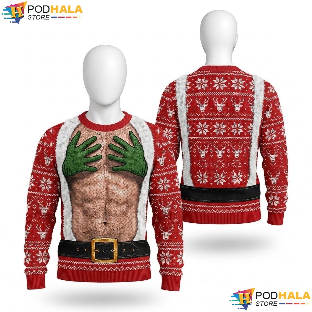 Muscular Santa Red Vintage Christmas Sweater Funny Hairy Chest Knit