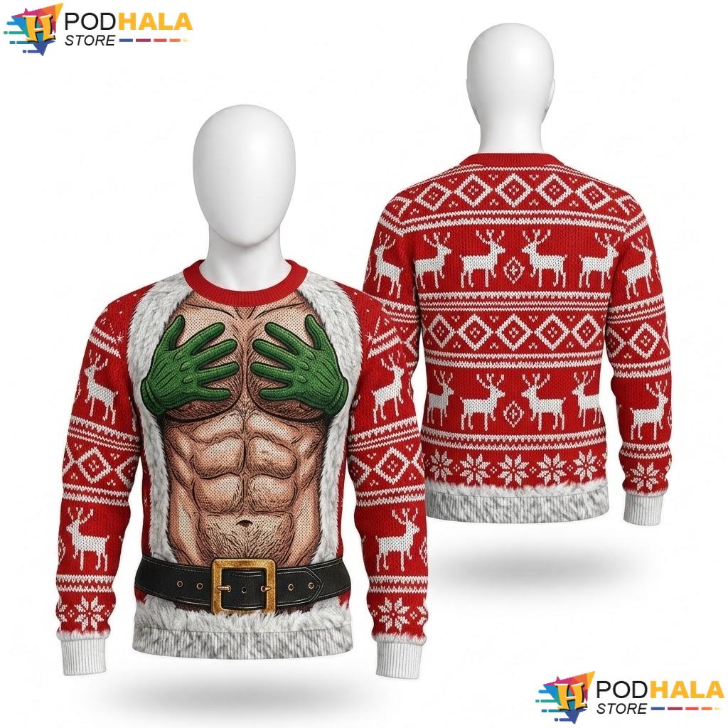 Muscular Santa Ugly Christmas Sweater Humorous Festive Graphic Knit