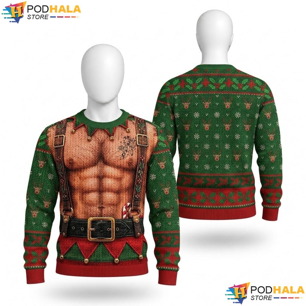 Muscular Torso Elf Vintage Xmas Sweater Funny Costume Holiday Outfit