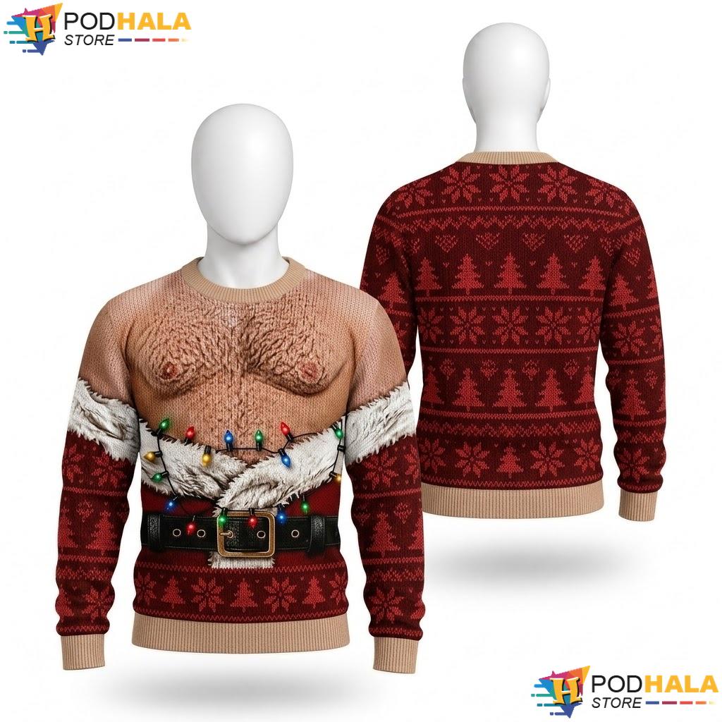Muscular Torso Lights Ugly Sweater Funny Red Santa Holiday Outfit