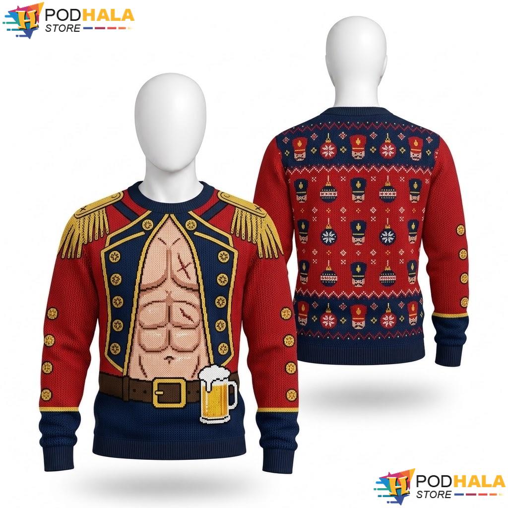 Muscular Torso Red Ugly Xmas Sweater Funny Gold Epaulettes Pullover