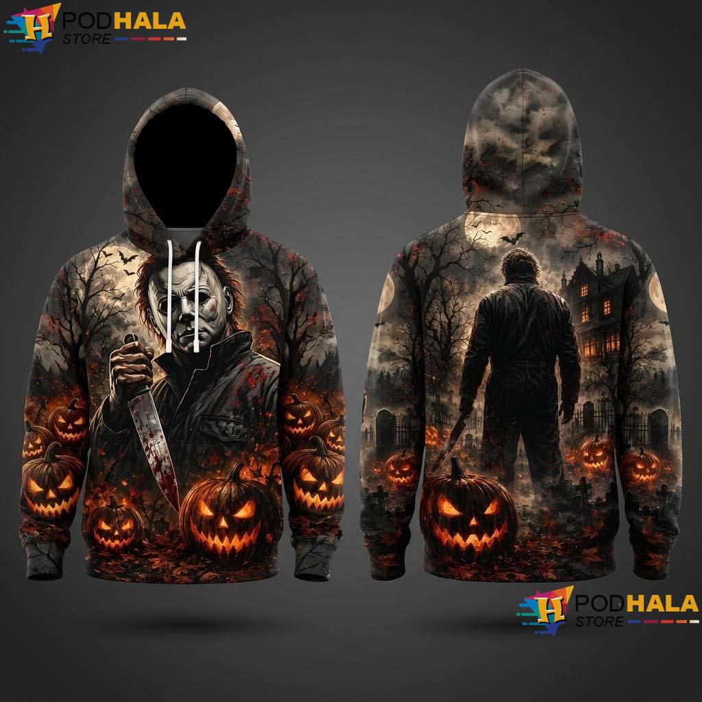 Myers Pumpkin Halloween AOP Hoodie Horror Knife Movie Spooky Gift Apparel
