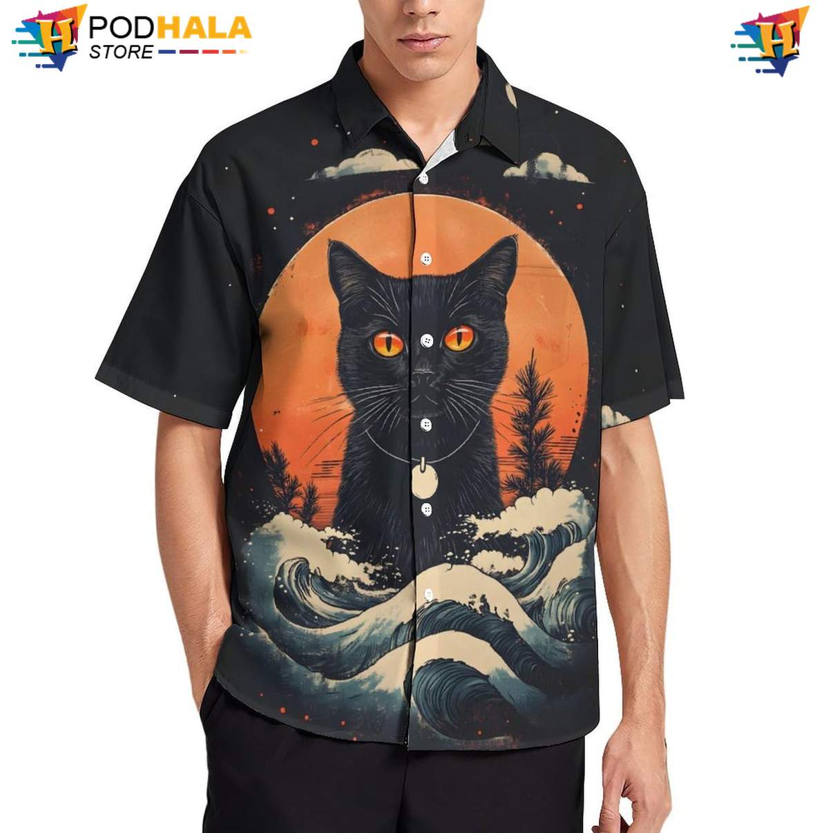 Mysterious Black Cat Hawaiian Shirt, Retro Summer Beach Tee With Orange Accents