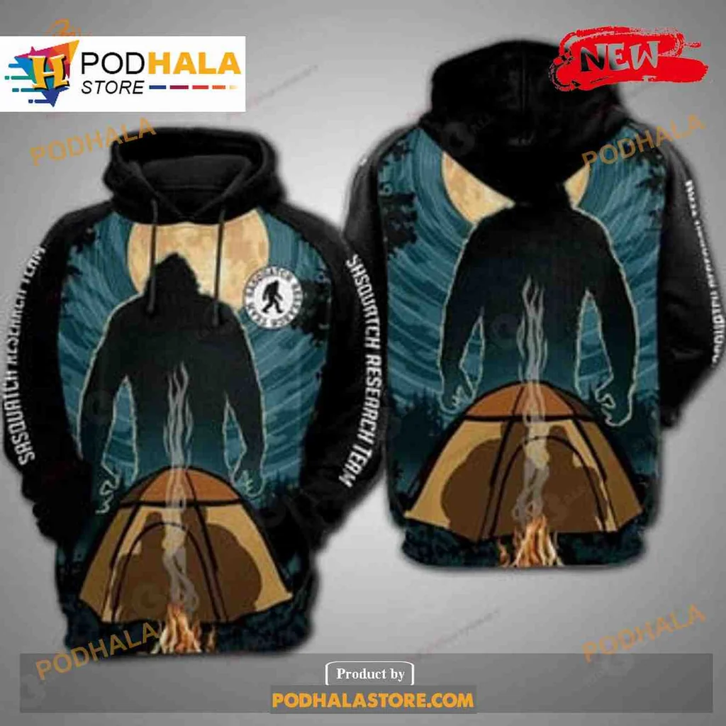 Mystical Bigfoot Camping 3d Hoodie With Glowing Moon And Campfire Design